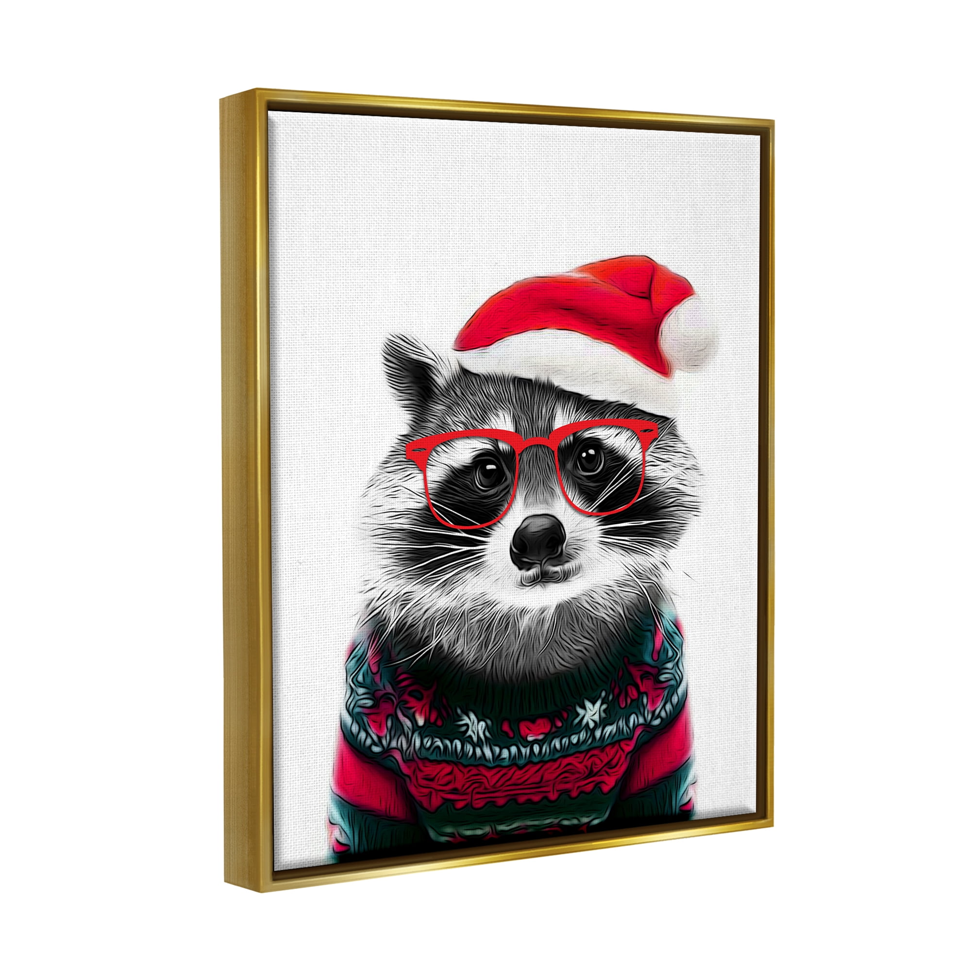 Stupell Industries Raccoon in Holiday Sweater Holiday Painting Gold Floater Framed Canvas Art Print Wall Art, 25 x 31