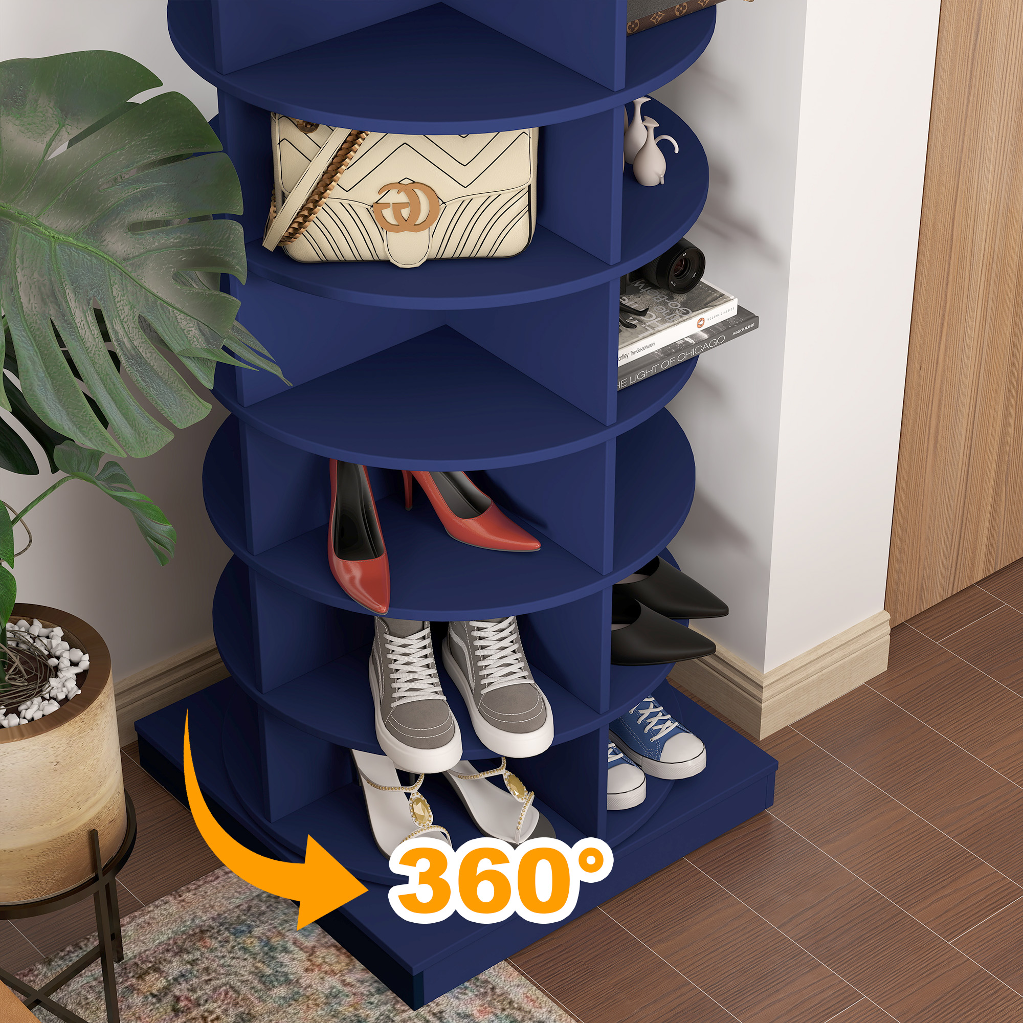Aukfa 7-Tier Rotating Shoe Rack Tower, 360° Spinning Shoe Display Closet Organizer, Blue