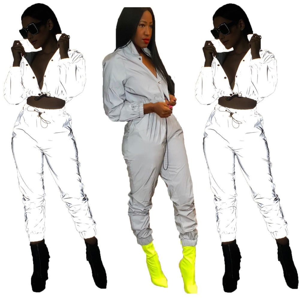 Women Fashion Long Sleeve Zipper Casual Club Sport Reflective Jumpsuit 2pcs 