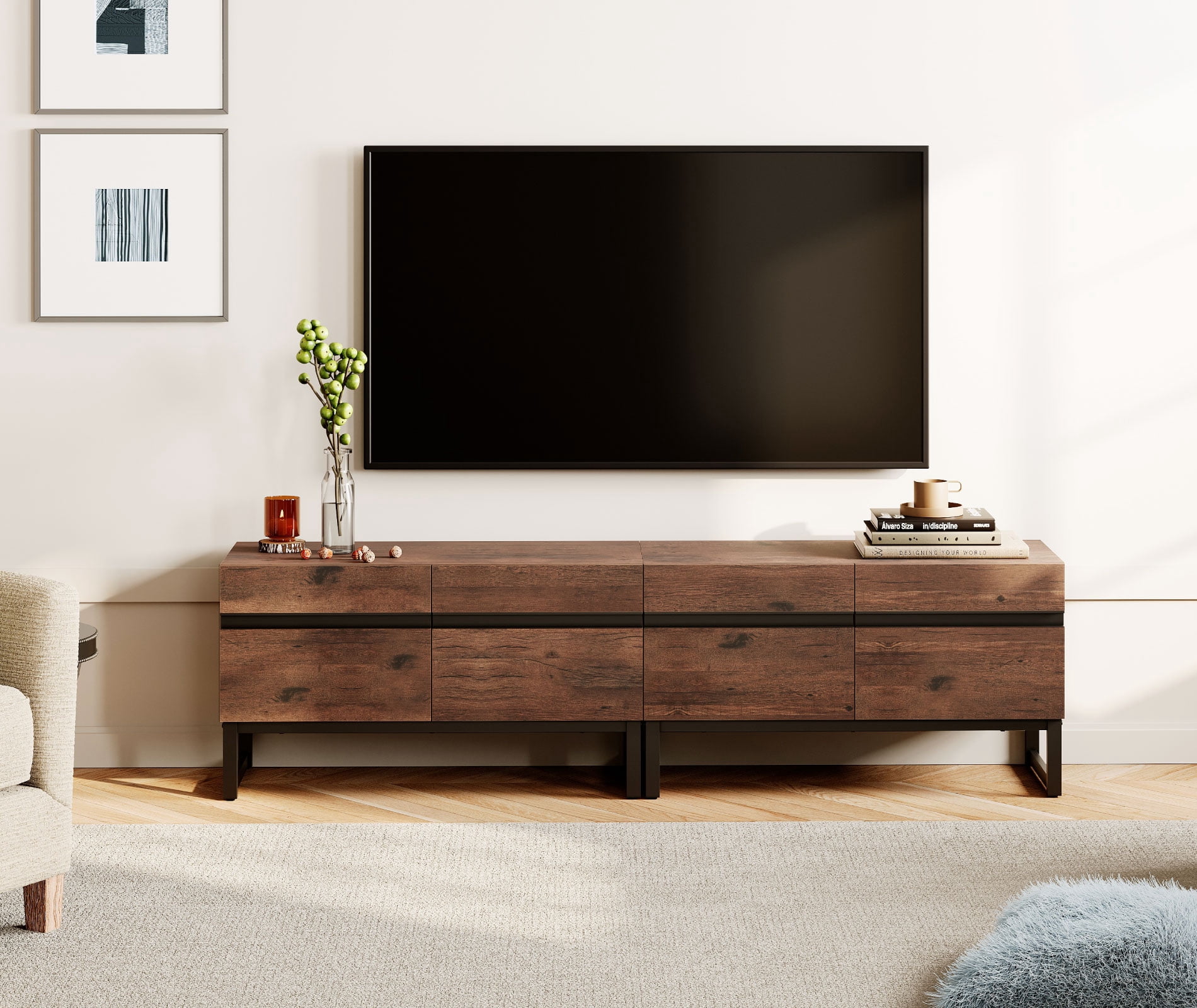 Modern TV Stand for TVs up to 75 inch, 2 in 1 Entertainment Center TV Console with Storage Cabinets and Metal Base,Media Console for Living Room