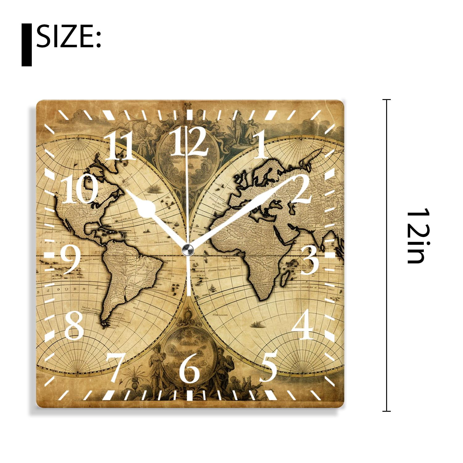 12 Inch Wall Clock Battery Operated Silent Clock Decorative for Office, Kitchen, Outdoor, Living Room，Retro World Map