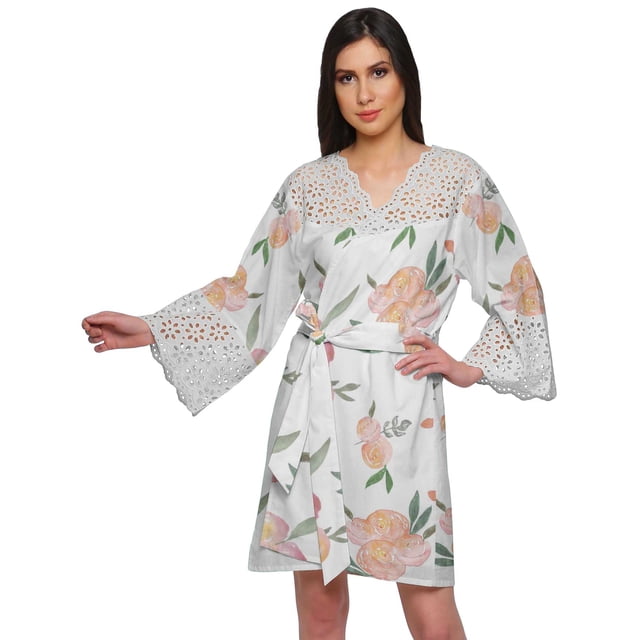 Moomaya Printed Cotton Venice Lace Bridesmaid Robe Short Robes For Women