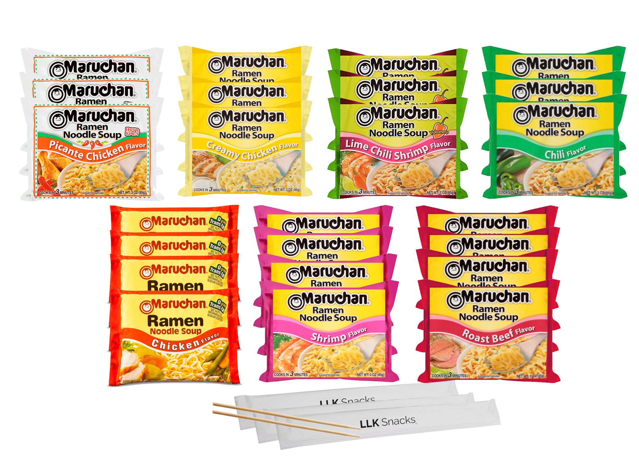 Maruchan Ramen Variety 7 Flavors, Pack of 24 with Chopsticks