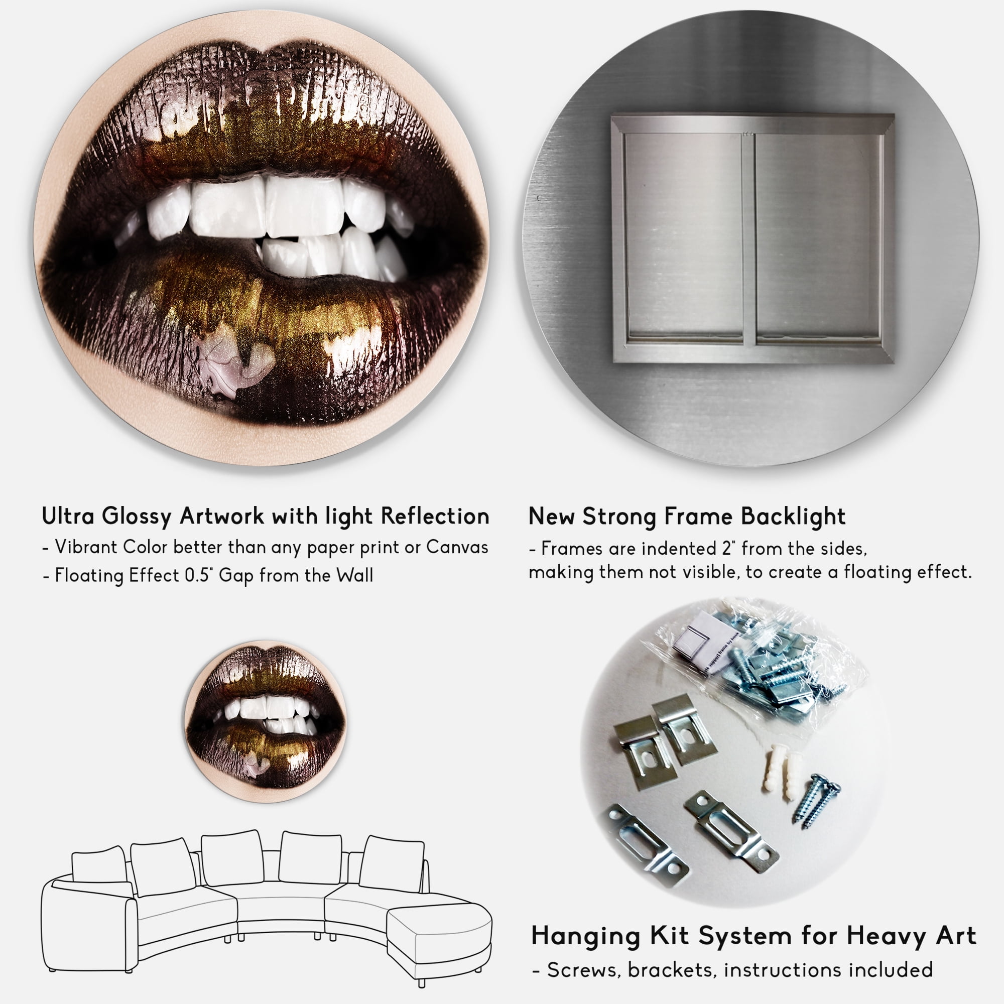 Designart 'Gold Black Lips Biting' Modern Circle Metal Wall Art 36x36 - Disc of 36