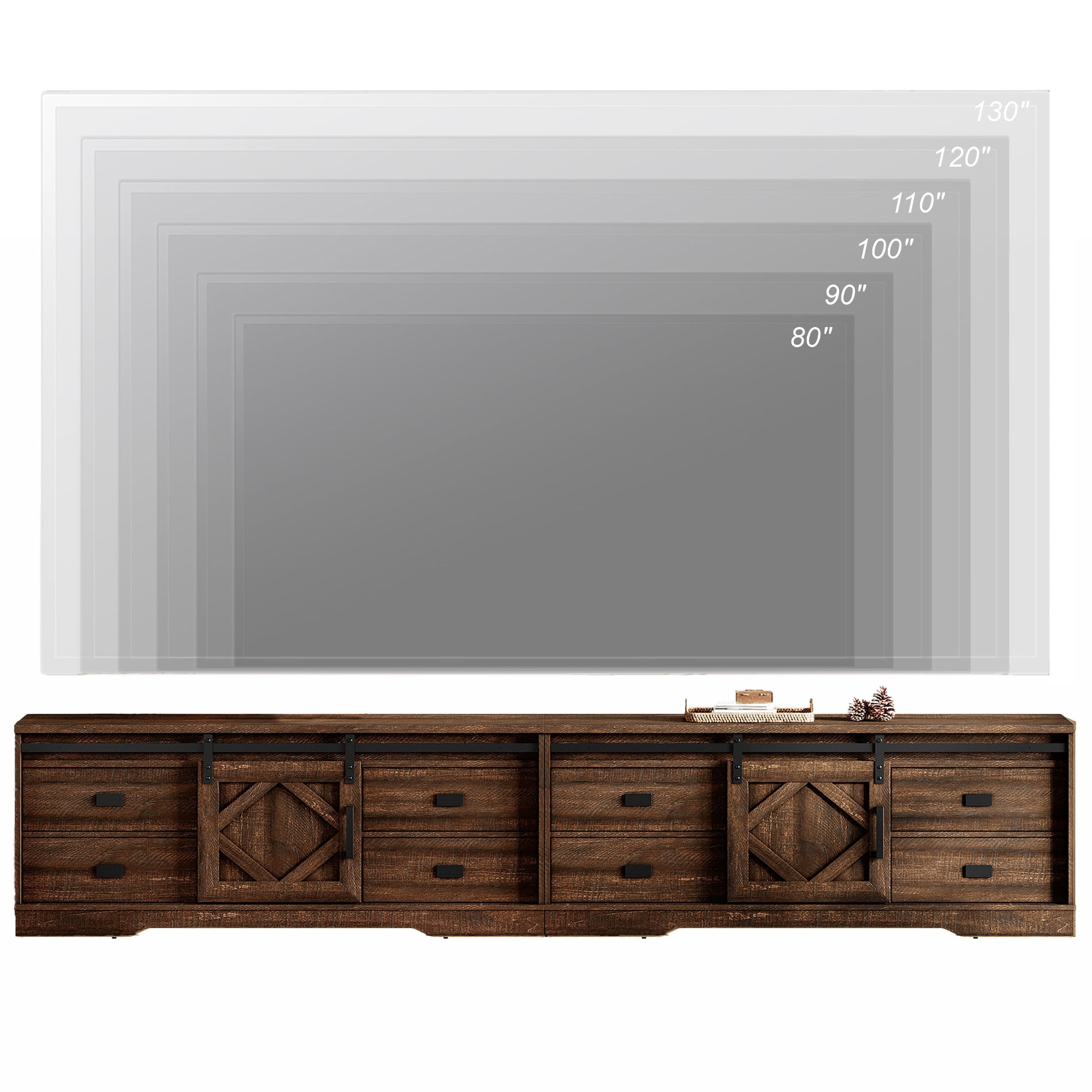 WAMPAT 2 in 1 Modern Farmhouse TV Stand for 130" TV with Barn Door & Rub Through Distressing, Wood Entertainment Center with Drawers and Storage Cabinet for Living Room,Rustic Brown