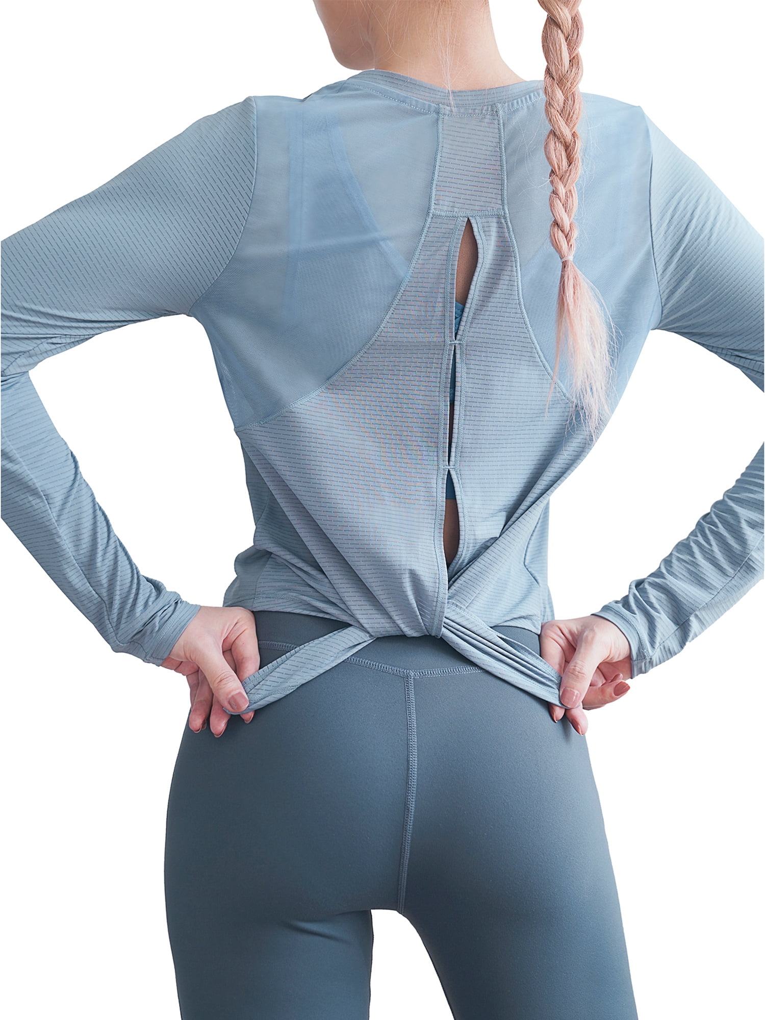 Women Casual Round Neck Workout Shirts Splicing Back Long Sleeve