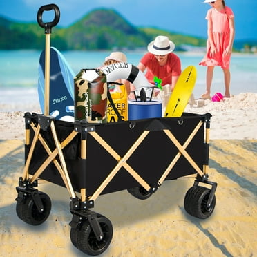 Folding Wagon, Heavy Duty Utility Beach Wagon Cart for Sand with Big Wheels, Adjustable Handle&Drink Holders for Shopping, Camping,Garden and Outdoor
