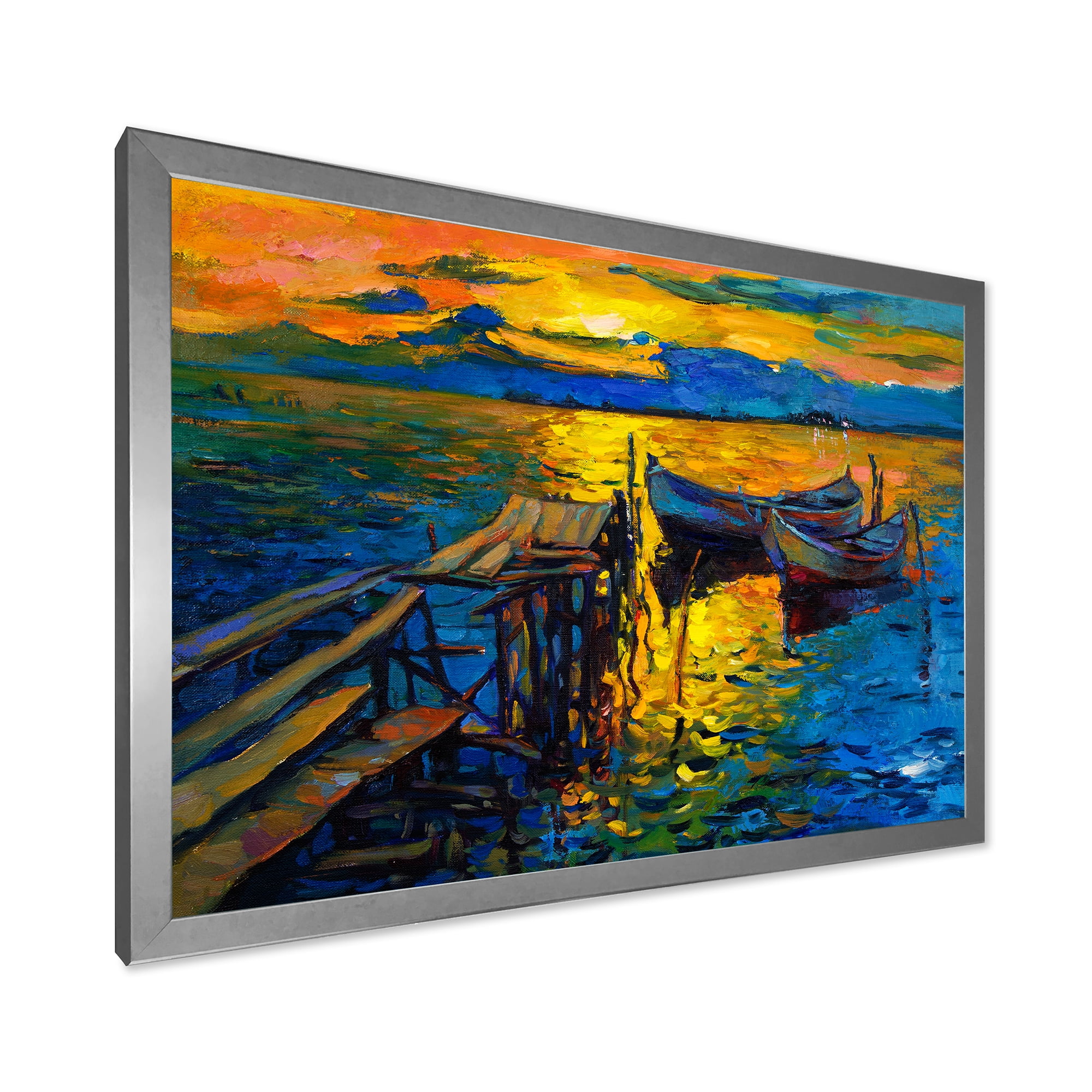 Boat At The Lake During Evening Glow II 32 in x 24 in Framed Painting Canvas Art Print, by Designart