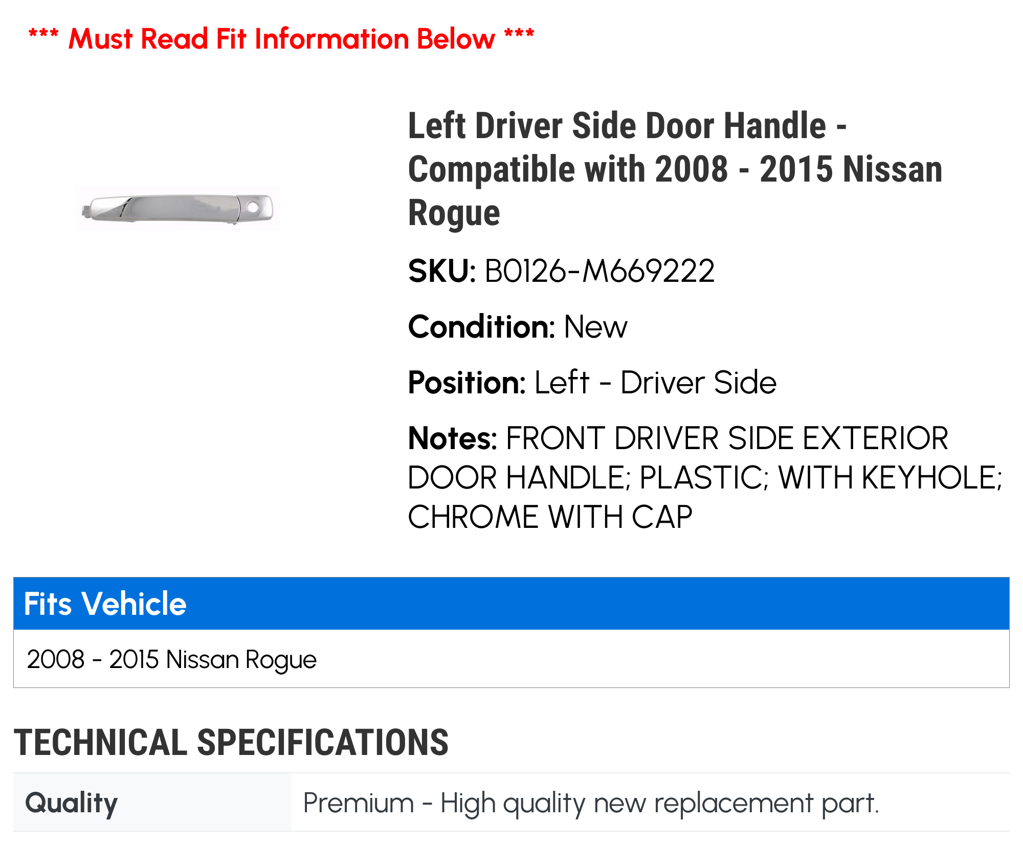 Chrome Front Left Door Handle For 2010-2013 Nissan Rogue - Direct Replacement 80640-CZ31B