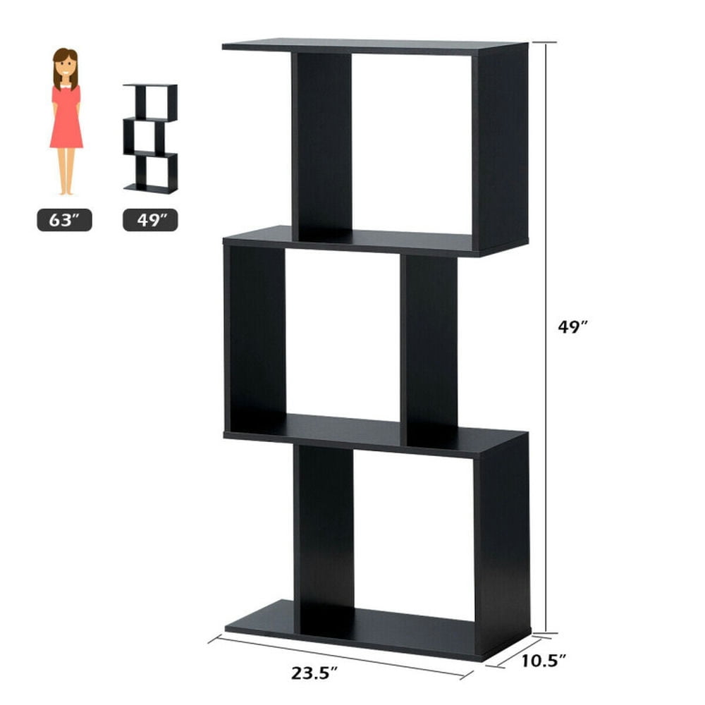 Demi Bonn 3 Tiers Wooden S-Shaped Bookcase for Living Room Bedroom Office, Freestanding Display Rack Bookshelf, Black