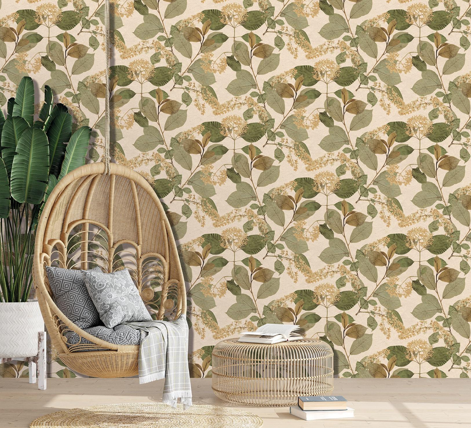 Cream Green Tropical Leaf Print Double Roll Non-Woven Non-Pasted Textured Wallpaper 57 Sq. Ft.