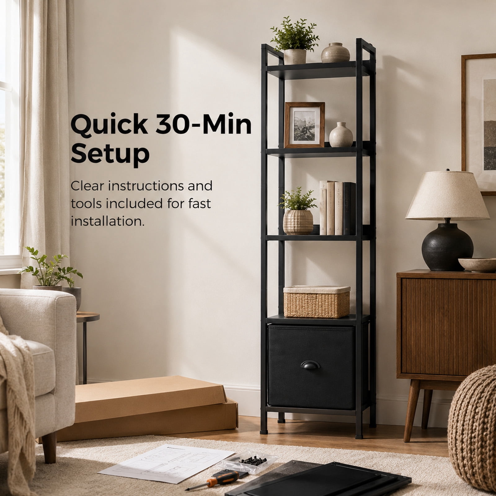 Alvantor 5-Tier Bookshelf, Industrial Bookcase with Drawer, Space-Saving Storage Bookcase for Bedroom, Living Room & Home Office