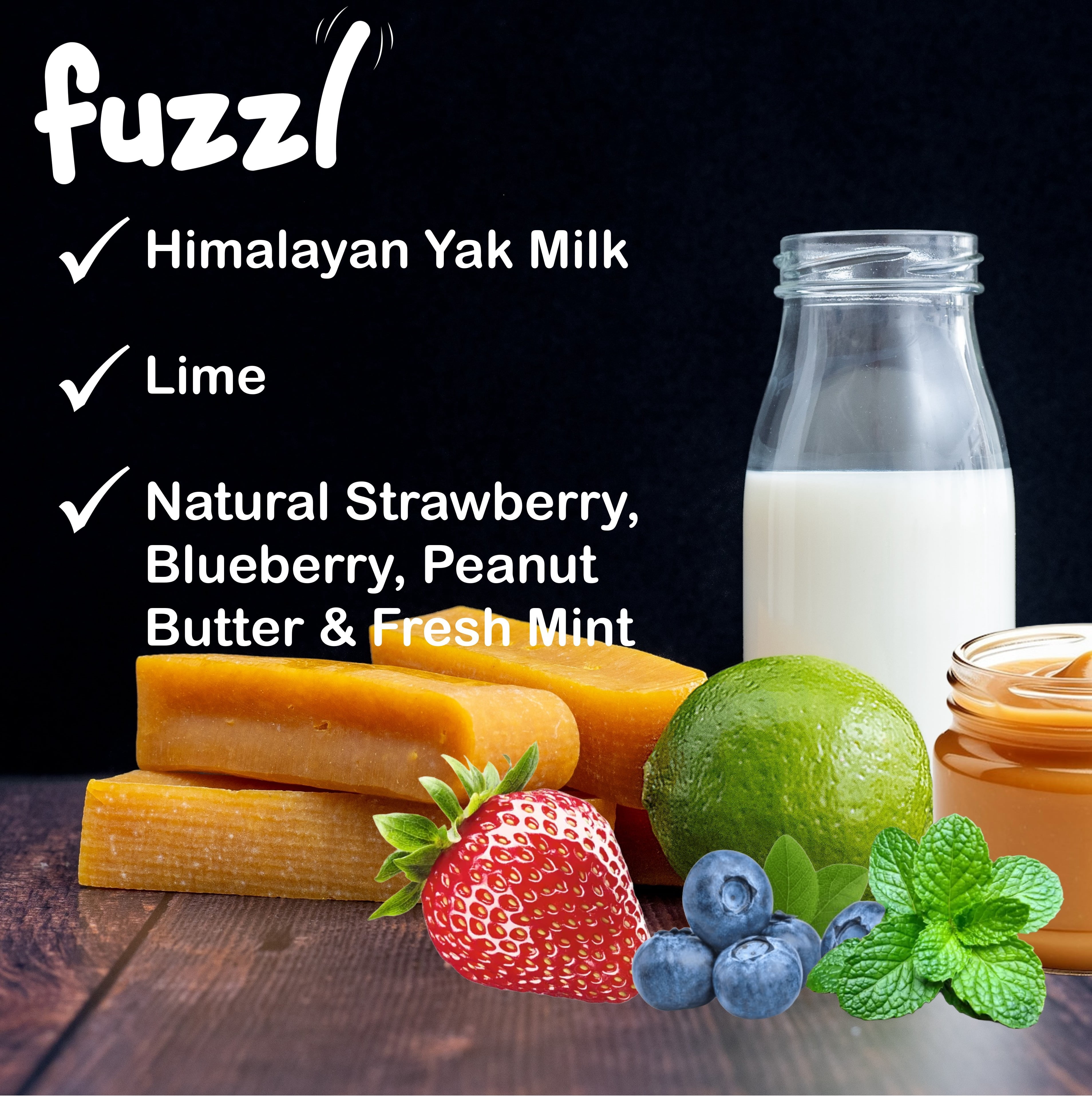 Fuzzl Yak Cheese Chews Peanut Butter, Strawberry, Blueberry, Mint Medium Box 4 - Himalayan Yak Chews for Dogs - Natural Dog Chew