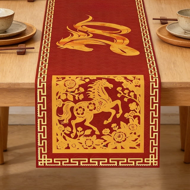 Chemin de Table en Lin, Décor Chinois à Thème Cheval Multicolore pour Table à Manger, 33 x 183 cm, Tissu en Polyester, Lavable à la Machine, 1 Pce