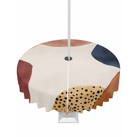 Fsddascl Red Blue Brown Outdoor Tablecloth - 60 Inch Round Dining Table Cover, Middle Century Art Abstract Modern Waterproof Outdoor Table Cloth with Umbrella Hole & Zipper for Picnic/Patio/Party