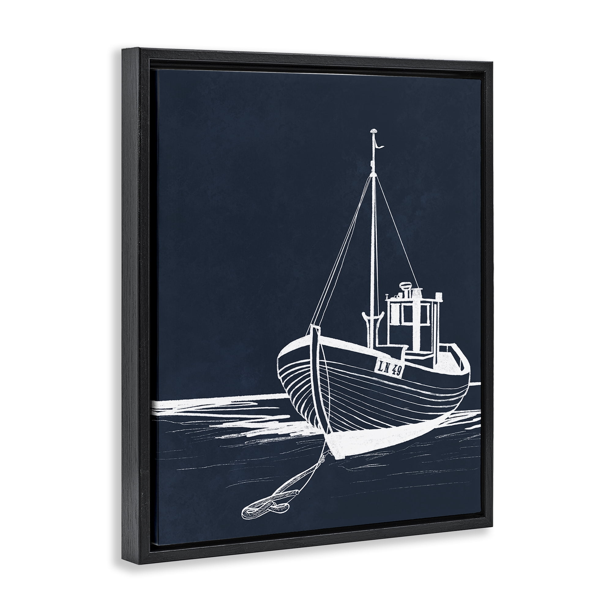 Stupell Industries White Outline Sailboat Transportation Painting Black Floater Framed Canvas Art Print Wall Art, 17 x 21