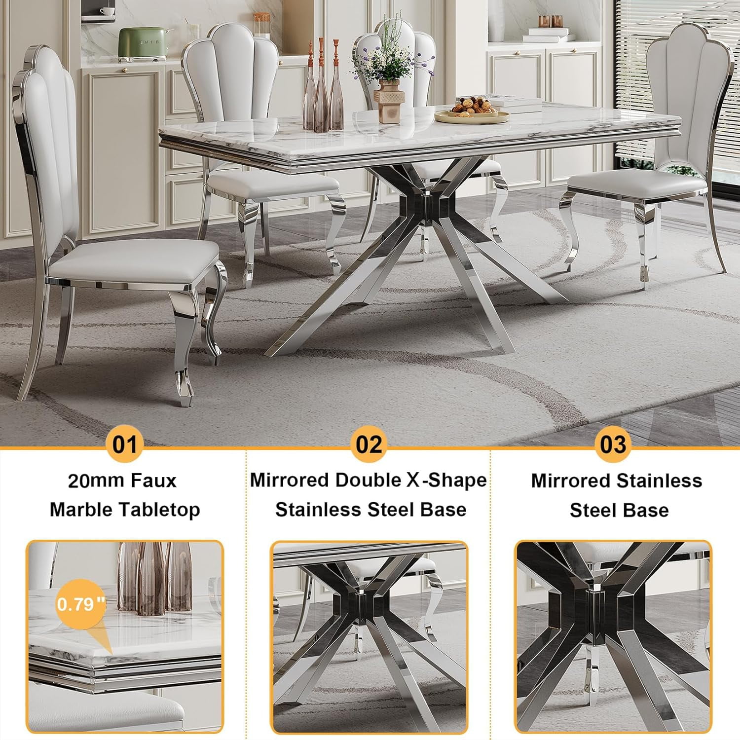 70" Rectangular Dining Table for 6 People, Modern Faux Marble Kitchen Table with Stainless Steel Legs, Dining Table for Dining Room, Living Room
