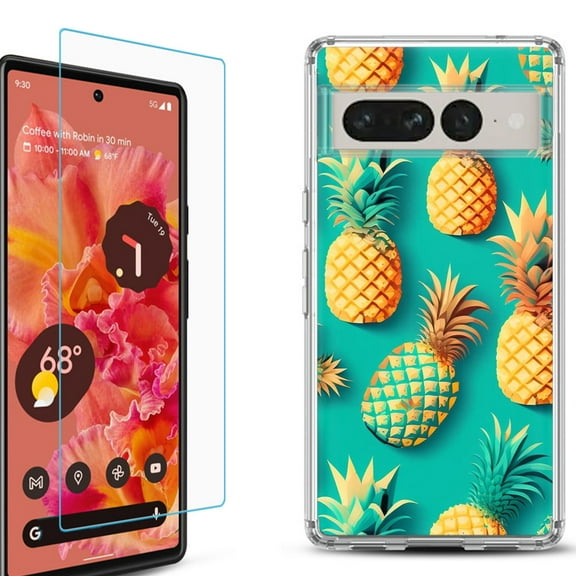 Shockproof Bumper Phone Case for Google Pixel 7, with Tempered Glass Screen Protector, by OneToughShield ® - Pineapple