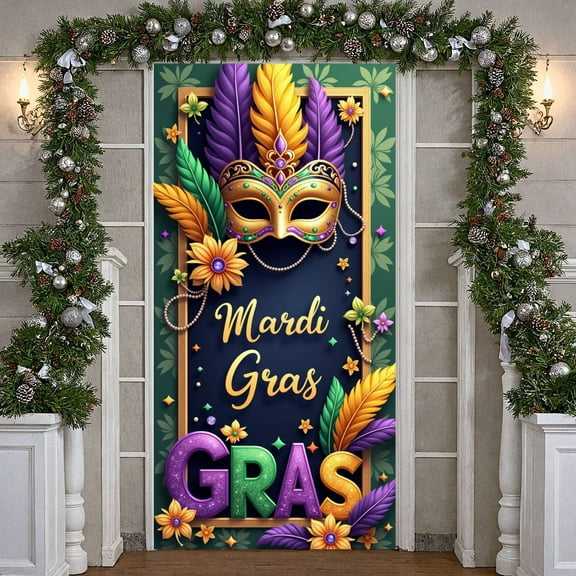 Purple Mask Mardi Gras Banner Colorful Feathers Carnival Display Golden Decorations Pattern Masquerade Backdrop for Mardi Gras Party Masquerade Ball Festival Celebration