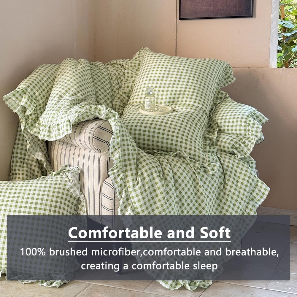 Sage Green Gingham Ruffle Queen Comforter Set, Green Ruffled Plaid Bedding Set, Ruffled Checked Bed Comforter 3 Pieces(Sage Green Gingham, Queen)