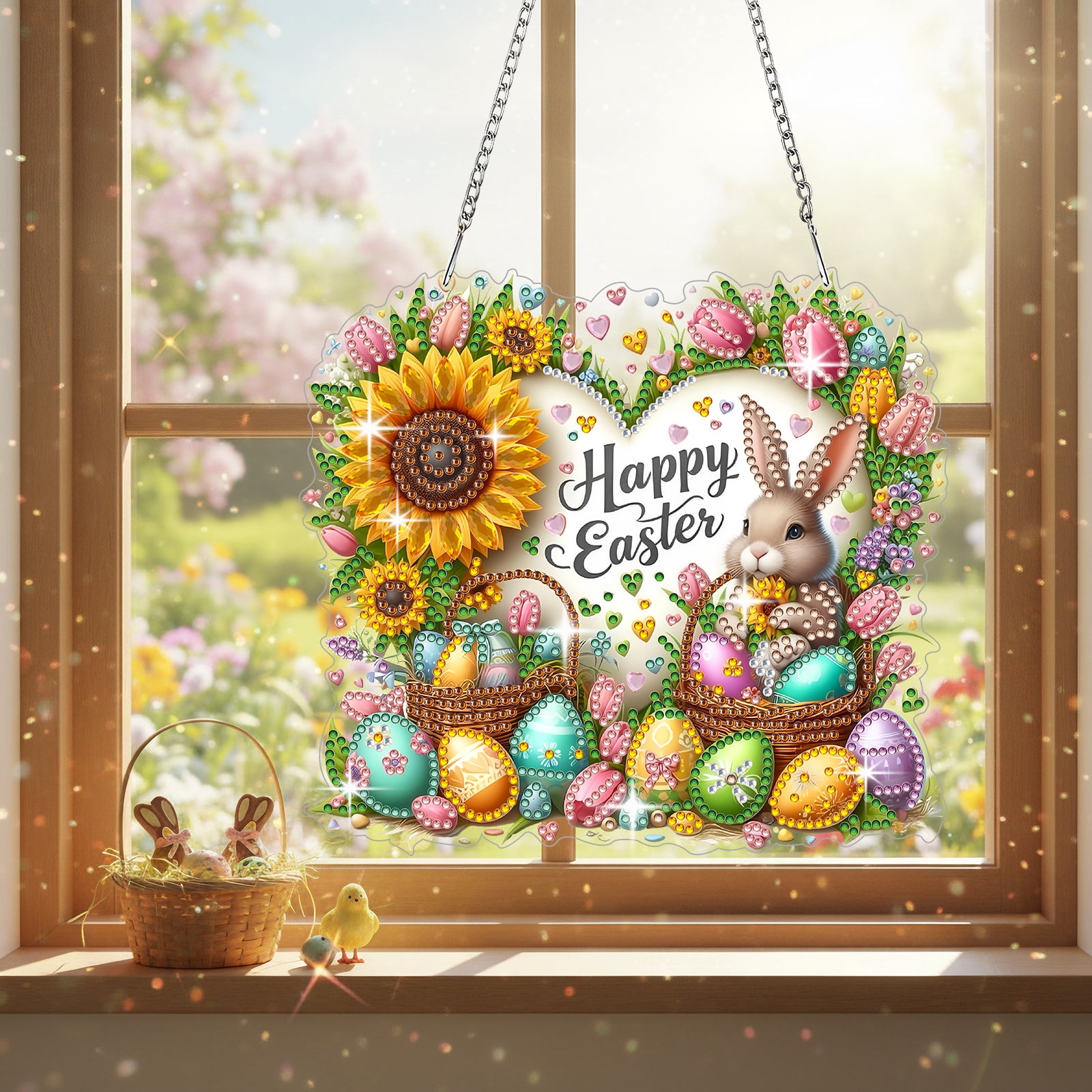 FLOPESN DIY Easter Diamond Art Painting Pendant Kit - 7.08X7.87in Acrylic Single-sided Rhinestone Dotting Pendant Wall Decor-4Pcs