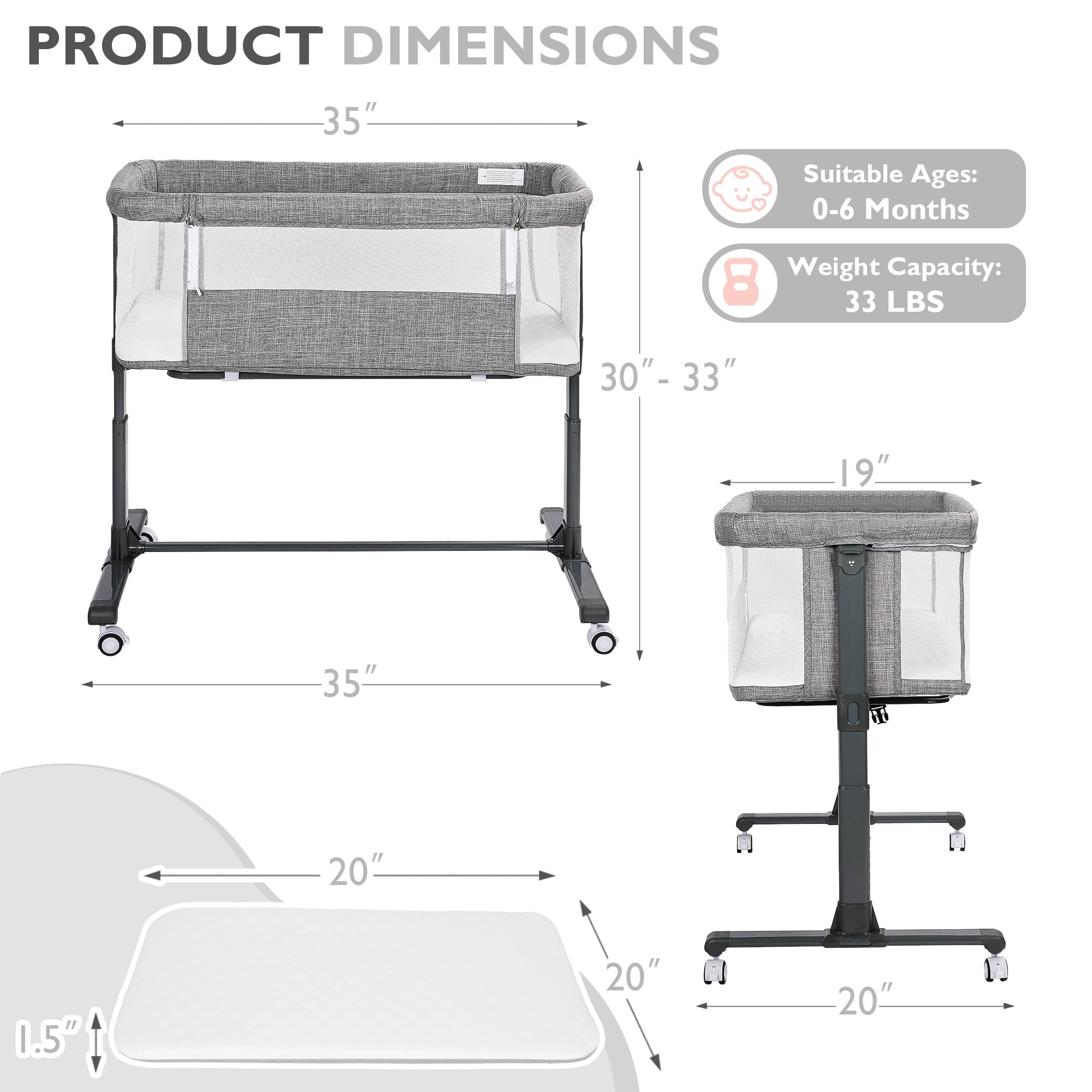 AILEEKISS Baby Bassinet with Wheels Adjustable Bedside Sleeper Bassinet Newborn Baby Crib, Grey