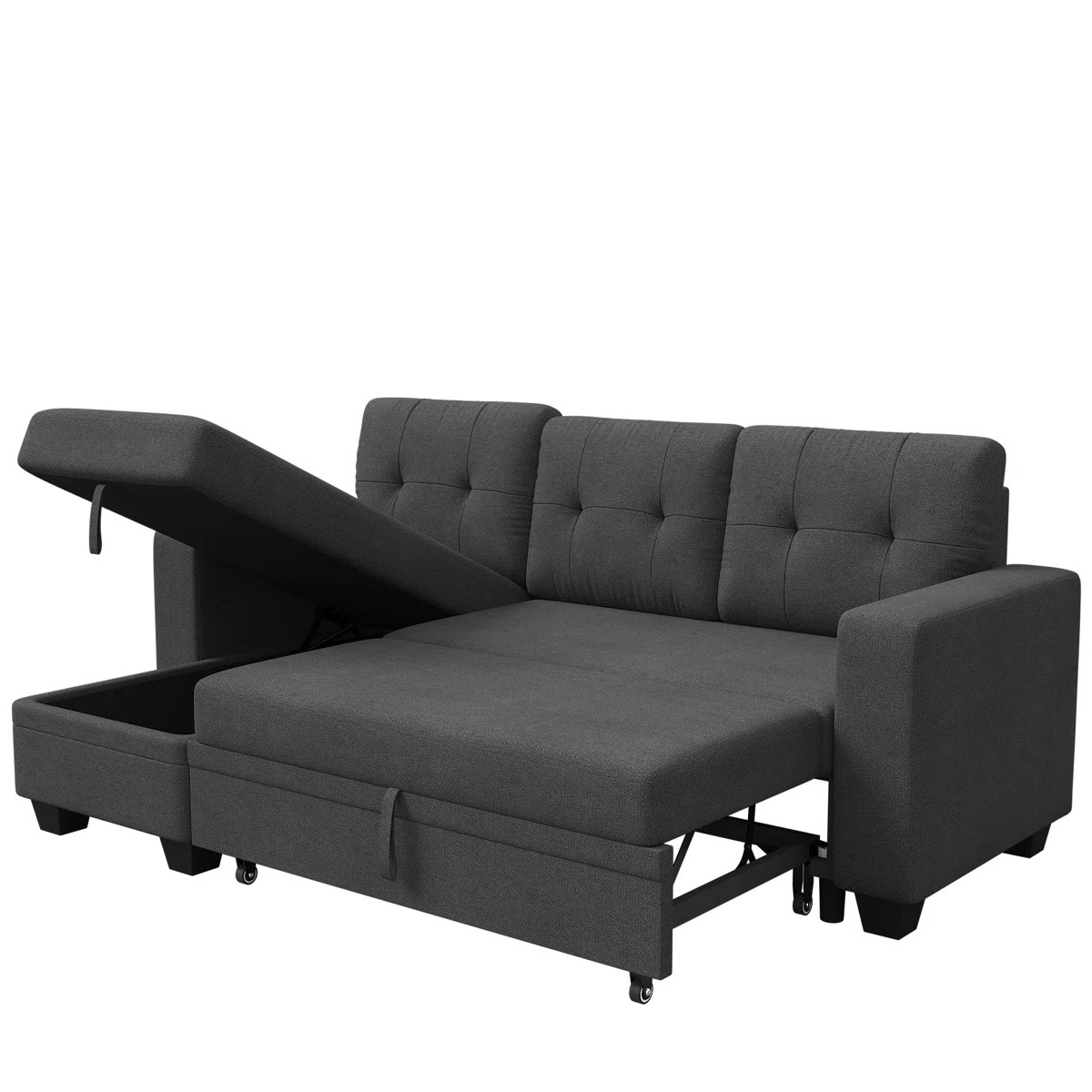 AENKYO L-Shaped Sleeper Sofa, Reversible Sectional Couch with Pull Out Bed and Storage for Living Room, Dark Gray