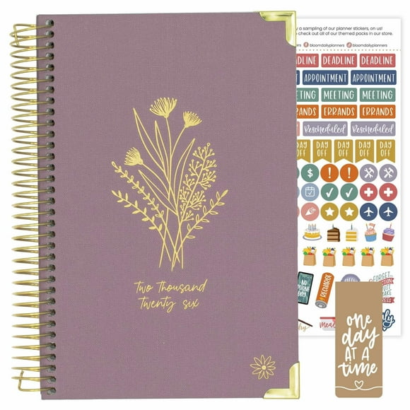 bloom daily planners HARDCOVER 2026 Planner (January to December) - A5 Task Goal Organizer - Monthly & Weekly Inspirational Agenda Book - 5.5" x 8.25" - Linen, Purple