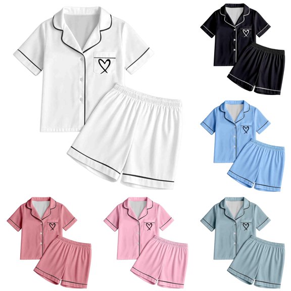 MEZZALL Girls Sleepwear Set 2pcs Tween Heart Print Lapel Short Sleeve Shirts Tops Shorts Pajamas Sets Soft Pajamas Sets Tops And Shorts Comfortable Loungewear For Kids Soft Nightwear