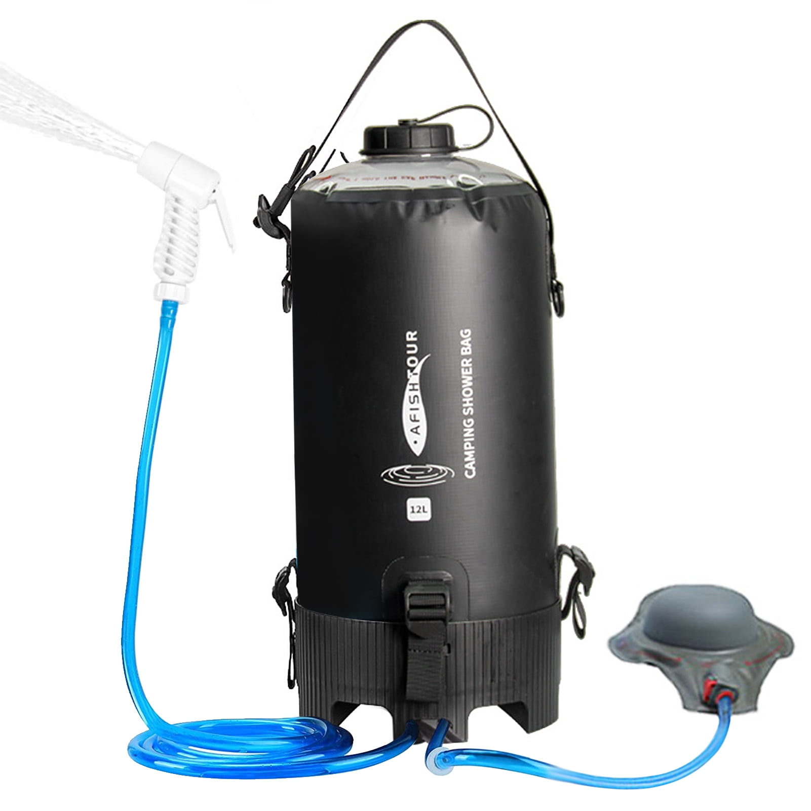 AFISHTOUR 12L Portable Camping Shower Bag with Foot Pump and Hose for
