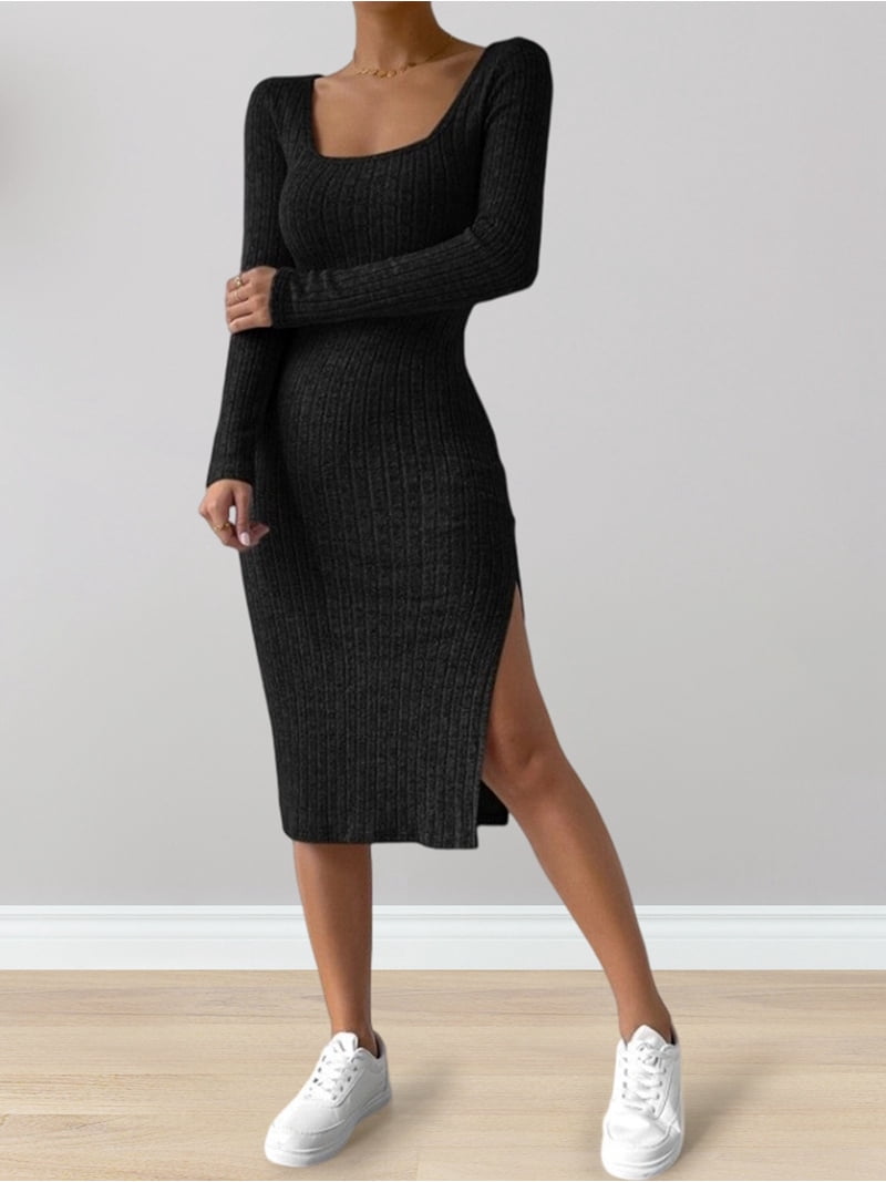 Women'S Autumn Dress 2 Long Sleeve Square Neck Knit Midi Beach Resort Dress  Slit Slim Maxi Dress Black M - Walmart.com