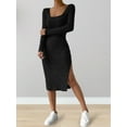 thumbnail image 4 of Women'S Autumn Dress 2 Long Sleeve Square Neck Knit Midi Beach Resort Dress Slit Slim Maxi Dress Black XL, 4 of 7