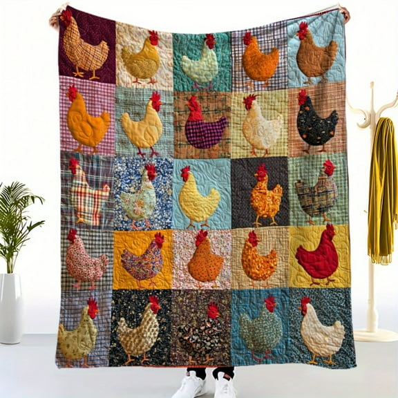 [Vintage Chicken Quilt] Soft Flannel Vintage Style Colorful Chicken Patchwork Quilt | Digital Print,  Ideal for Sofa, Bed, Office, Car, Camping, Home Decor | All-Season Cozy Nap Bl