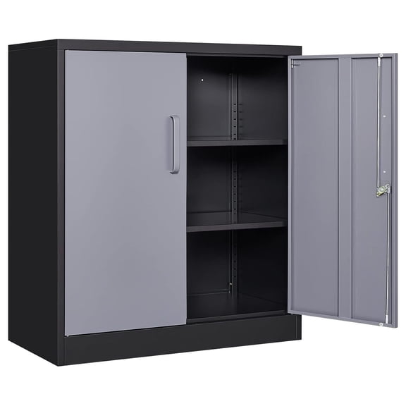 Drevy Metal Garage Storage Cabinet with 2 Doors and 2 Adjustable Shelves - 35.5" Steel Lockable File Cabinet,Locking Counter Cabinet for Home Office,Garage,Gym,School(Gray Black)