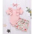 thumbnail image 2 of Styles I Love Infant Baby Girls Short Sleeve Ribbed Ruffle Cotton Romper with Floral Shorts & Headband 3pcs Outfit (Pink, 90/12-18 Months), 2 of 7