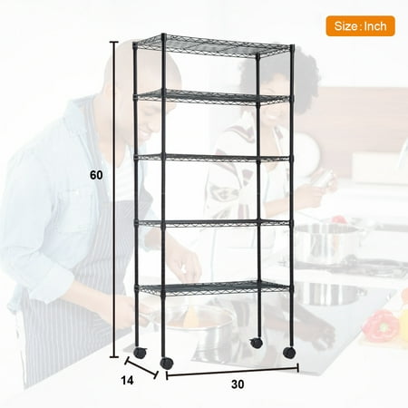 14”D x 30”W x 60”H 5-Tier Wire Shelving Unit NSF Certification Storage Organizer Height Adjustable Commercial Grade Heavy Duty Utility Metal Rack for Garage Office kitchen on Wheels,Black