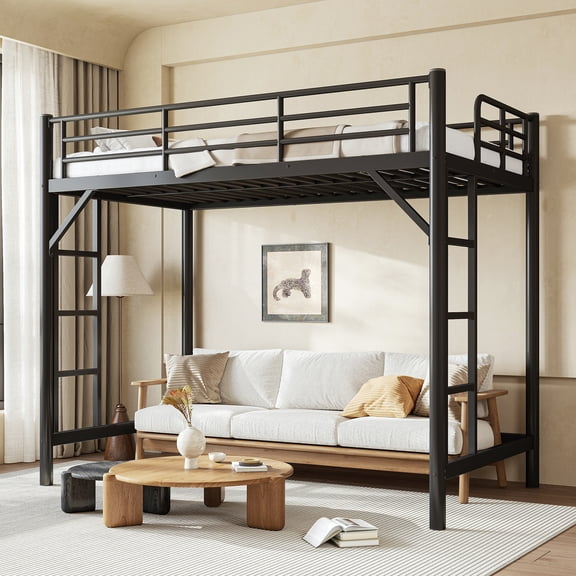 Mintazer Twin XL Metal Loft Bed Frame with Side Ladders & Guardrails for Teens Adults, No Box Spring Needed, Black