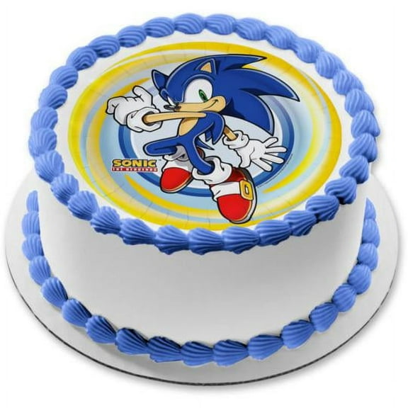 Sonic the Hedgehog Logo Sonic Yellow Blue Spiral Background Edible Cake Topper Image