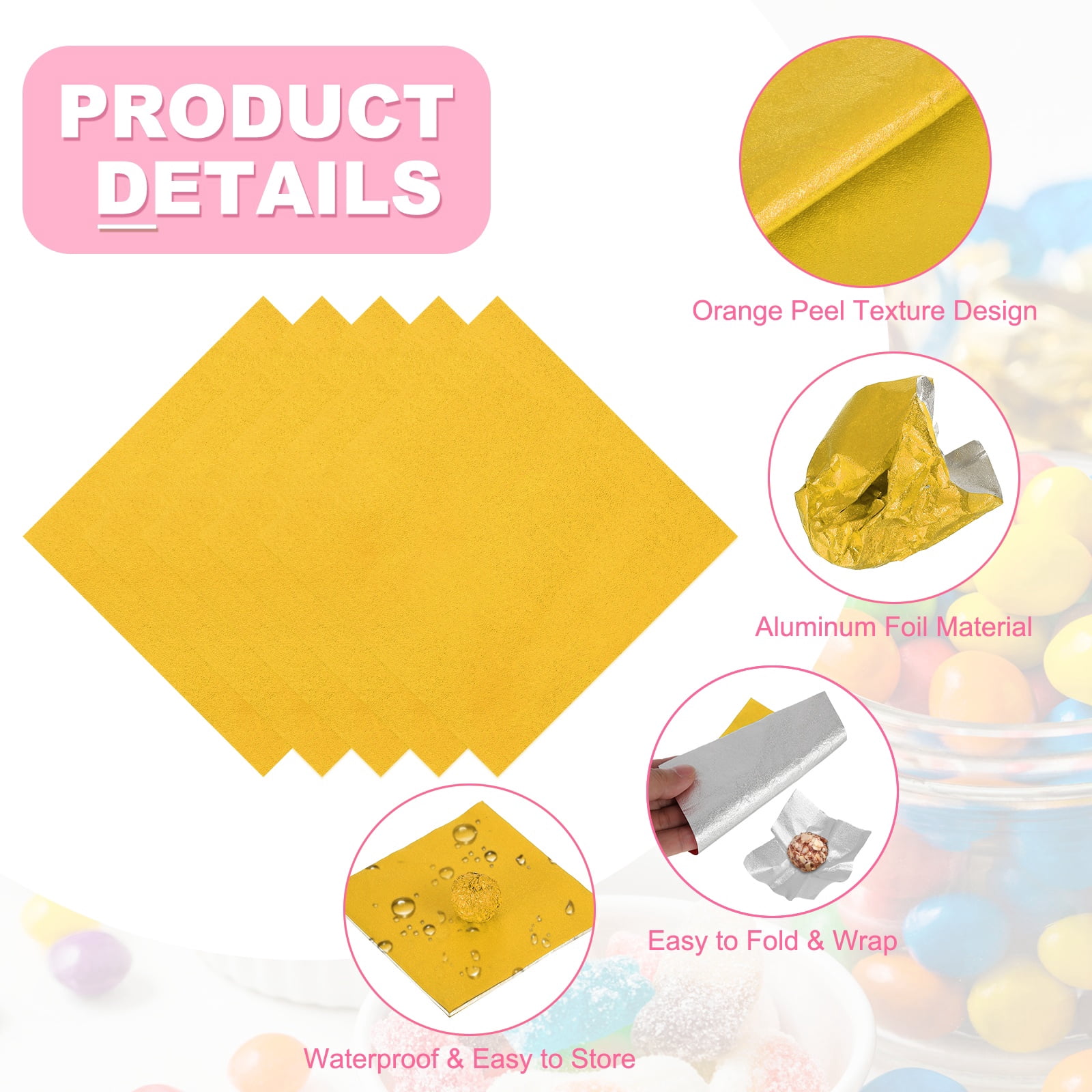 Uxcell 200 Pcs Candy Foil Wrappers, 7.87 x 7.87 Inch Aluminium Foil Chocolate Bar Square Wrappers for Tea Brownies DIY Packaging Wedding Party Decoration, Gold (Orange Peel)