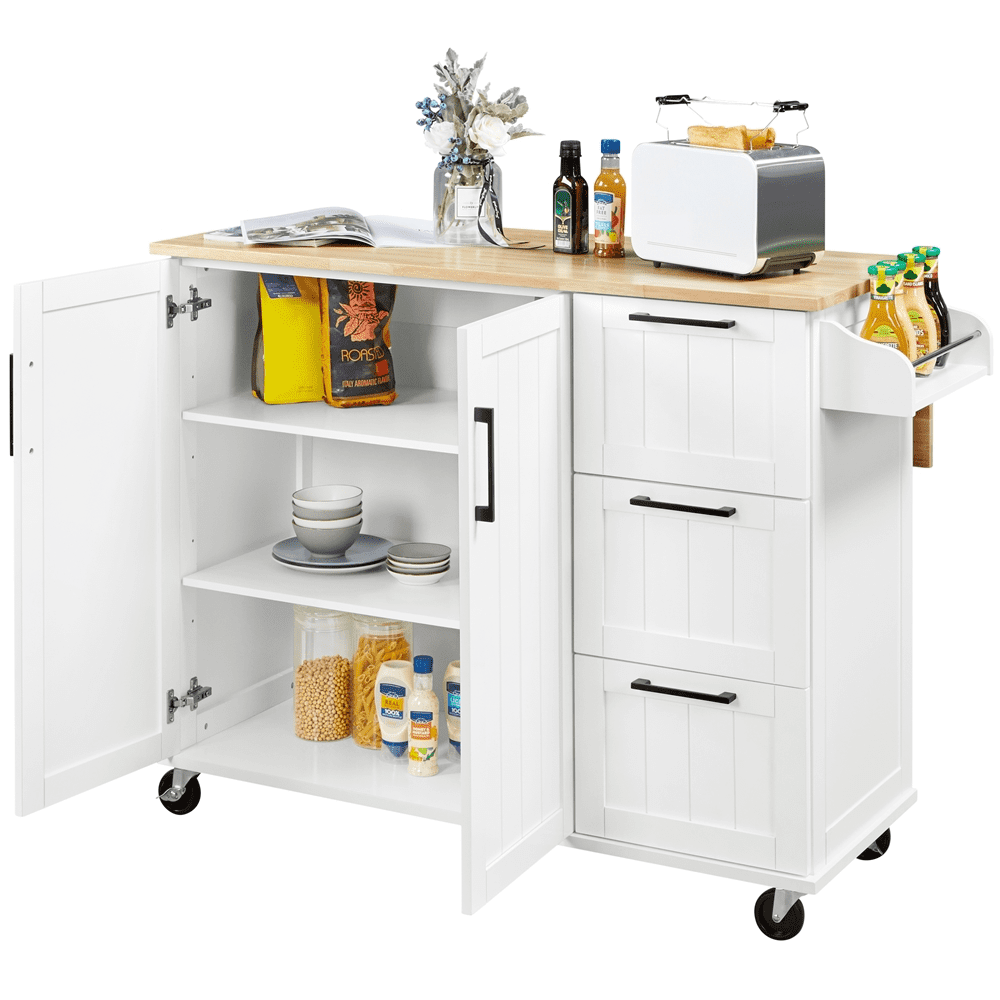 Renwick Rolling Kitchen Cart with Cabinets and Drawers, White