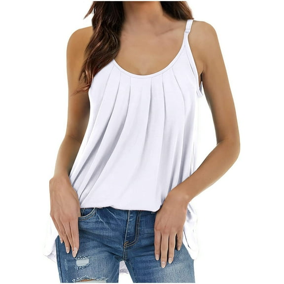 Njoeus Summer Tank Top for Women, Women's Pleated Spaghetti Straps Camisole Casual Flowy Sleeveless Tunic Shirts Soft Comfy Loose Blouse S-XXL
