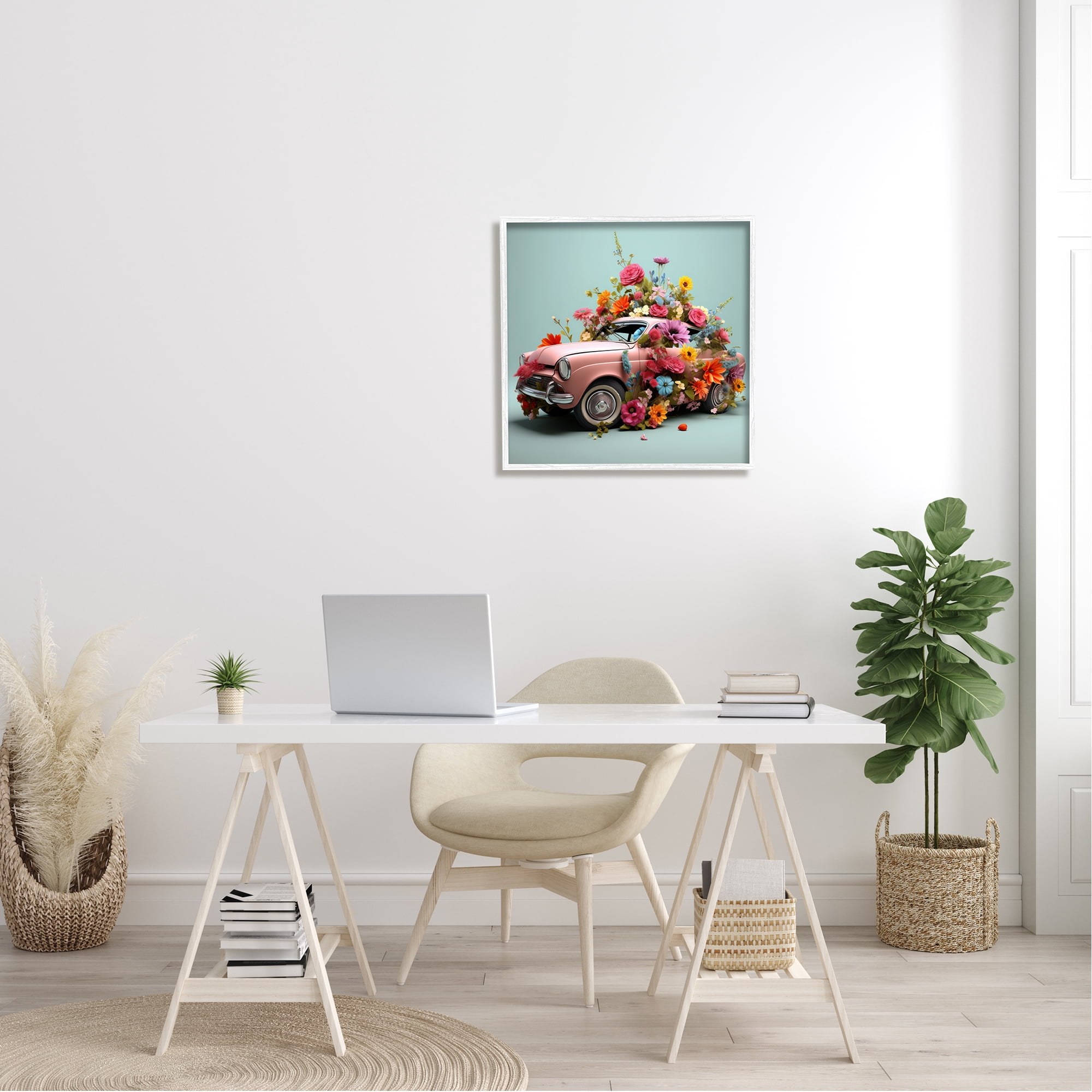 Stupell Industries Avant Garde Car Bouquet Transportation Painting White Framed Art Print Wall Art, 24 x 24