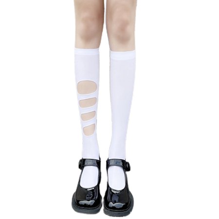 

TINYSOME Women Dark Gothic Thin Knee High Socks Harajuku Japanese Style Irregular Asymmetical Hollow Out Ripped Holes Student Sweet Calf Stockings