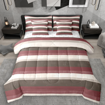 Manfei Modern Geometric Bedding Comforter Set 7pcs, Minimalist Stripe King Bedding Sets, Red Brown Beige Bed Sheets, Ultra Soft Home Decor