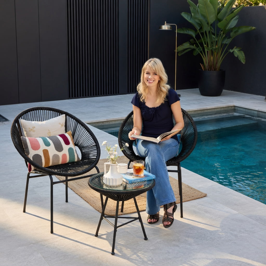 Hommoo 3-Piece Outdoor Acapulco Bistro Set, PE Rope Chairs + Tempered Glass Table for Patio, Yard & Poolside, Black