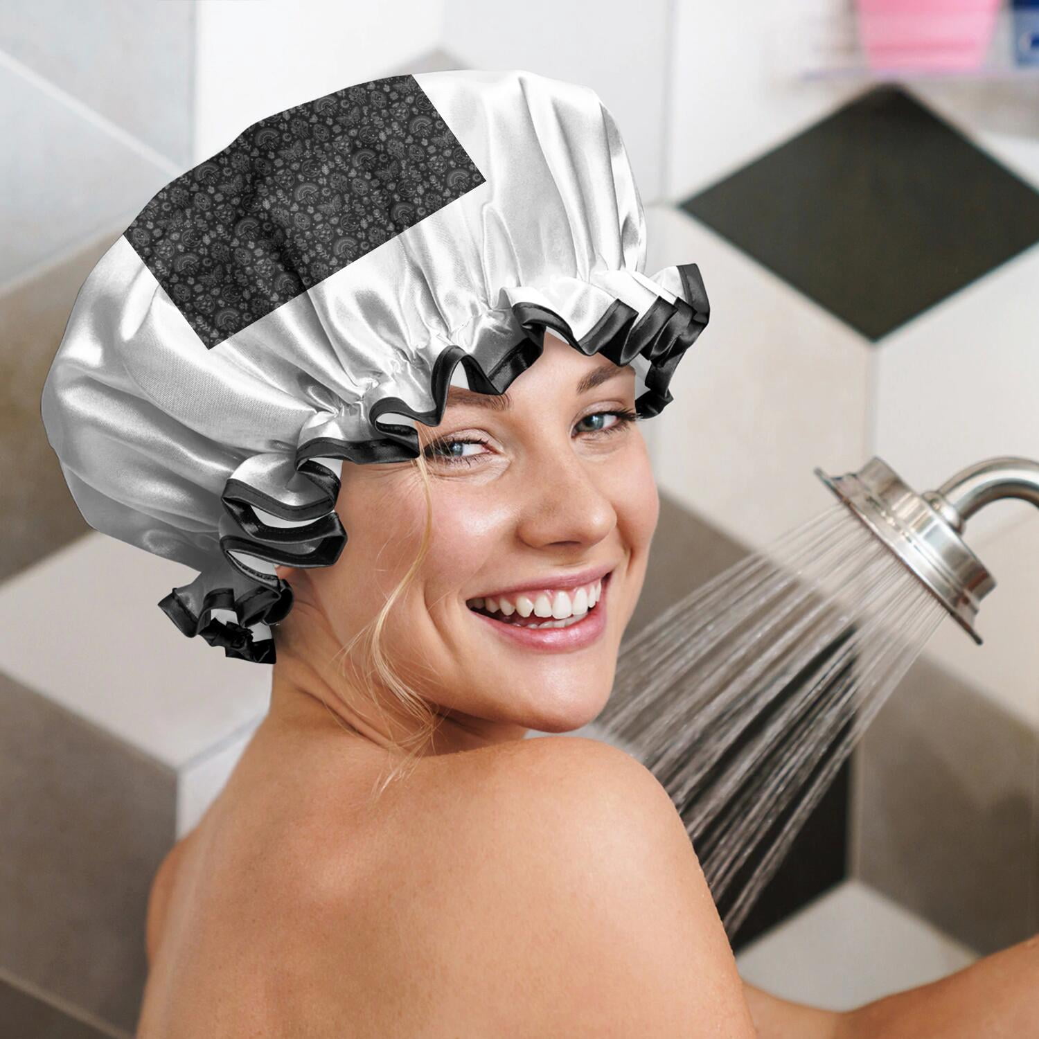 Shower Caps,Black White Cat Moon Butterfly Pattern Waterproof Shower Cap for Women 4 Pieces,Double Reusable Hair Cover for Shower PEVA Elastic Stretch Hem