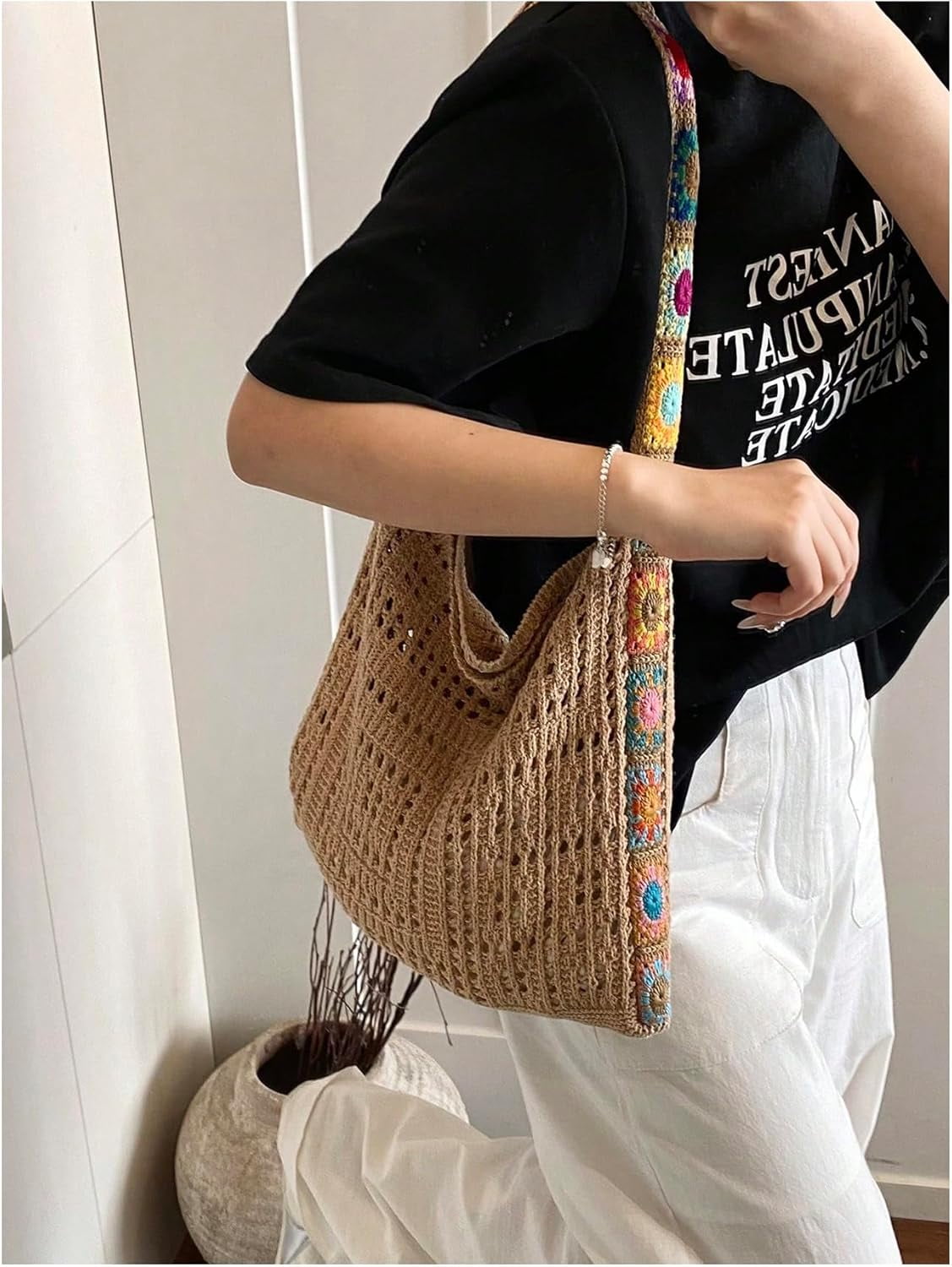 CAILDANL Women's Boho Embroidery Crossbody Bag Hollow Out Crochet Knit Shoulder Bag Tote Handbag