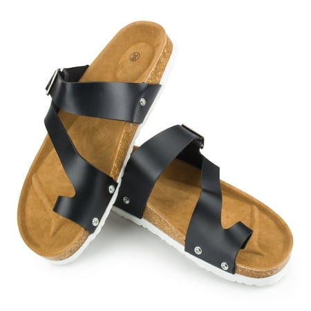Phoebecat Sandals for Women, Women's Black Summer Beach Soft Adjustable Buckle Flat Open Toe Slide Shoe for Ladies, Light Weight Cross Toe Double Buckle Strap Leather Flat Sandals for