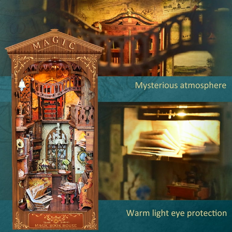 3D Wooden Puzzle Bookends, DIY Book Nook Kit, Magic Book House Model