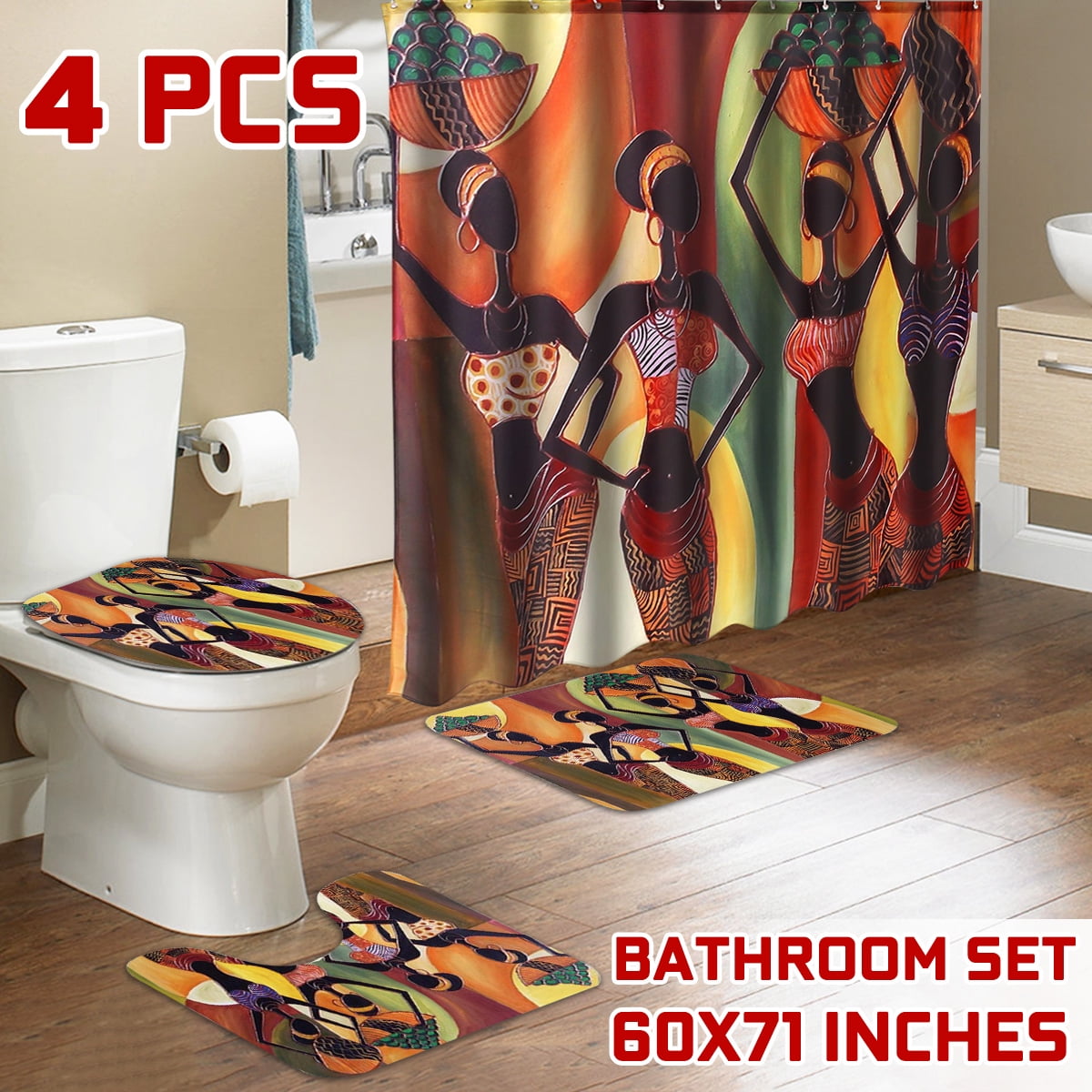 Exotic Woman African Girls Bathroom Shower Curtain Toilet Cover Mat Non-Slip Rug 